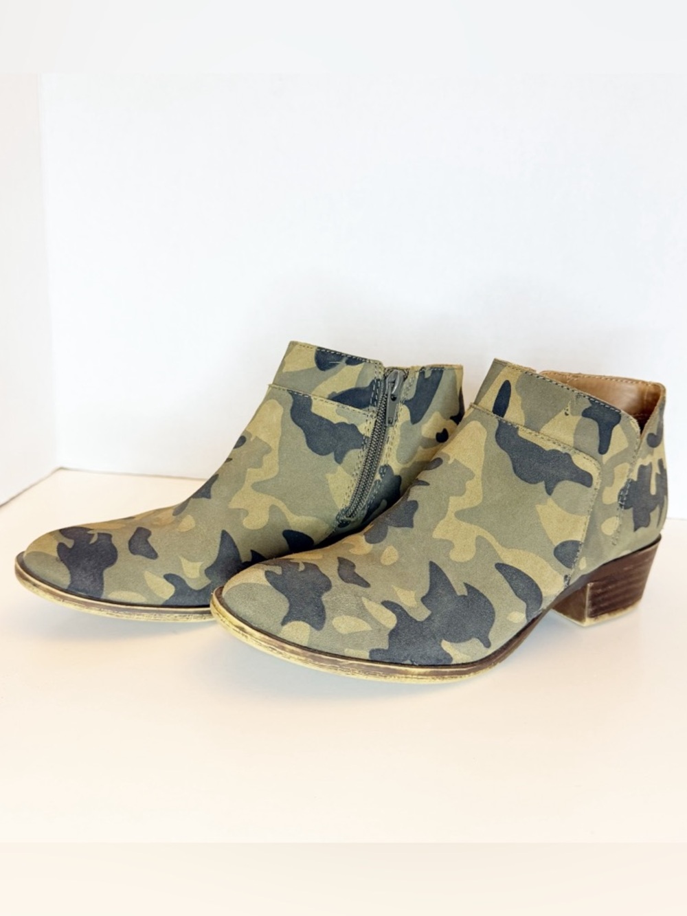 Lucky Brand Camouflage Ankle Booties - Olive Green Camo with Side Zippers